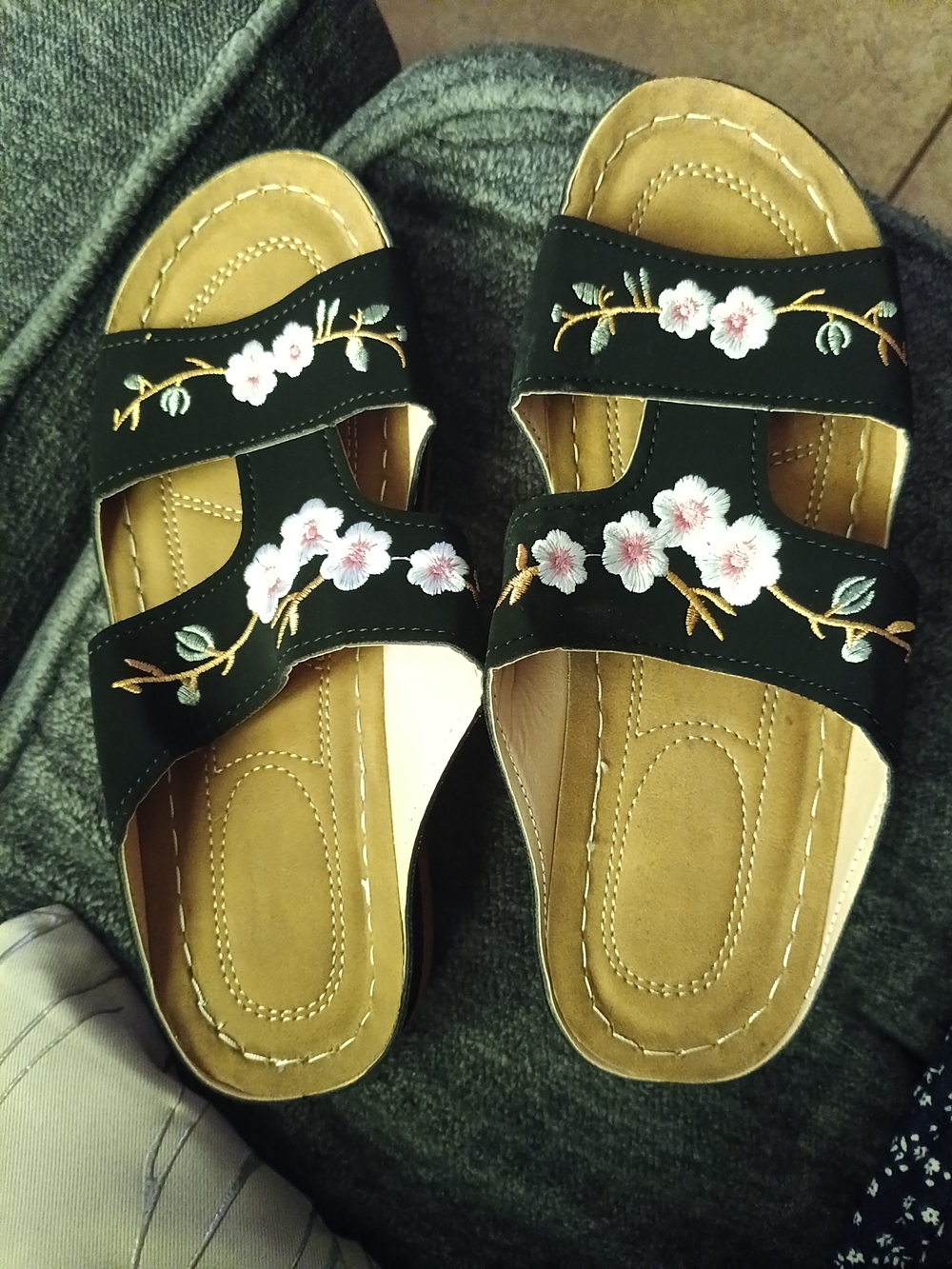 Black Floral Embroidered Slide Sandals for Women